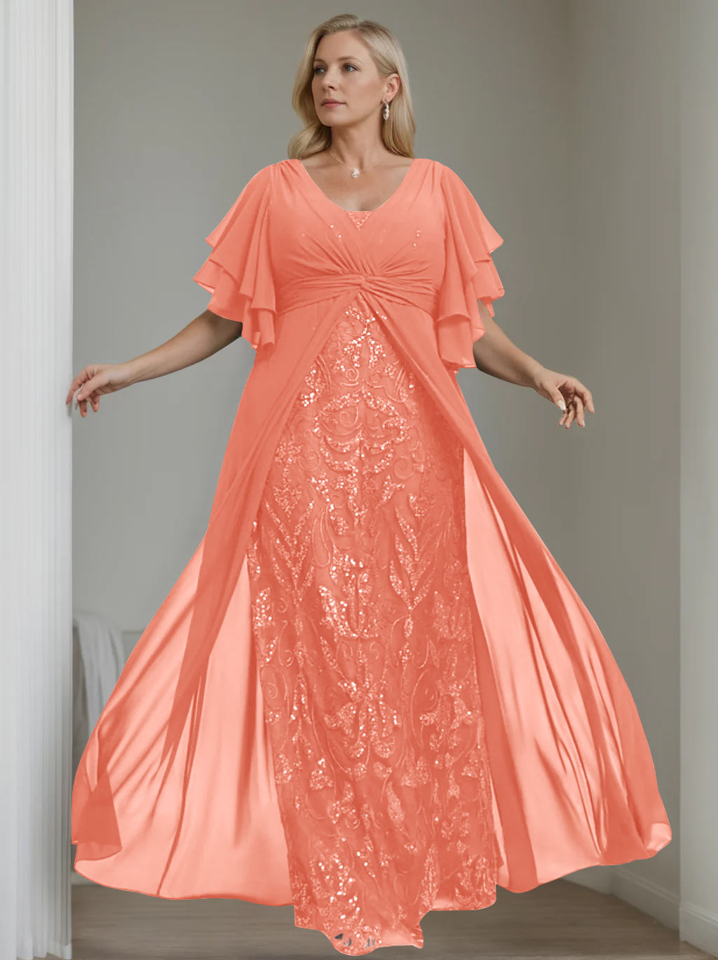 Plus Size Long Mother of the Bride A Line Dress with V Neck and Half Sleeves
