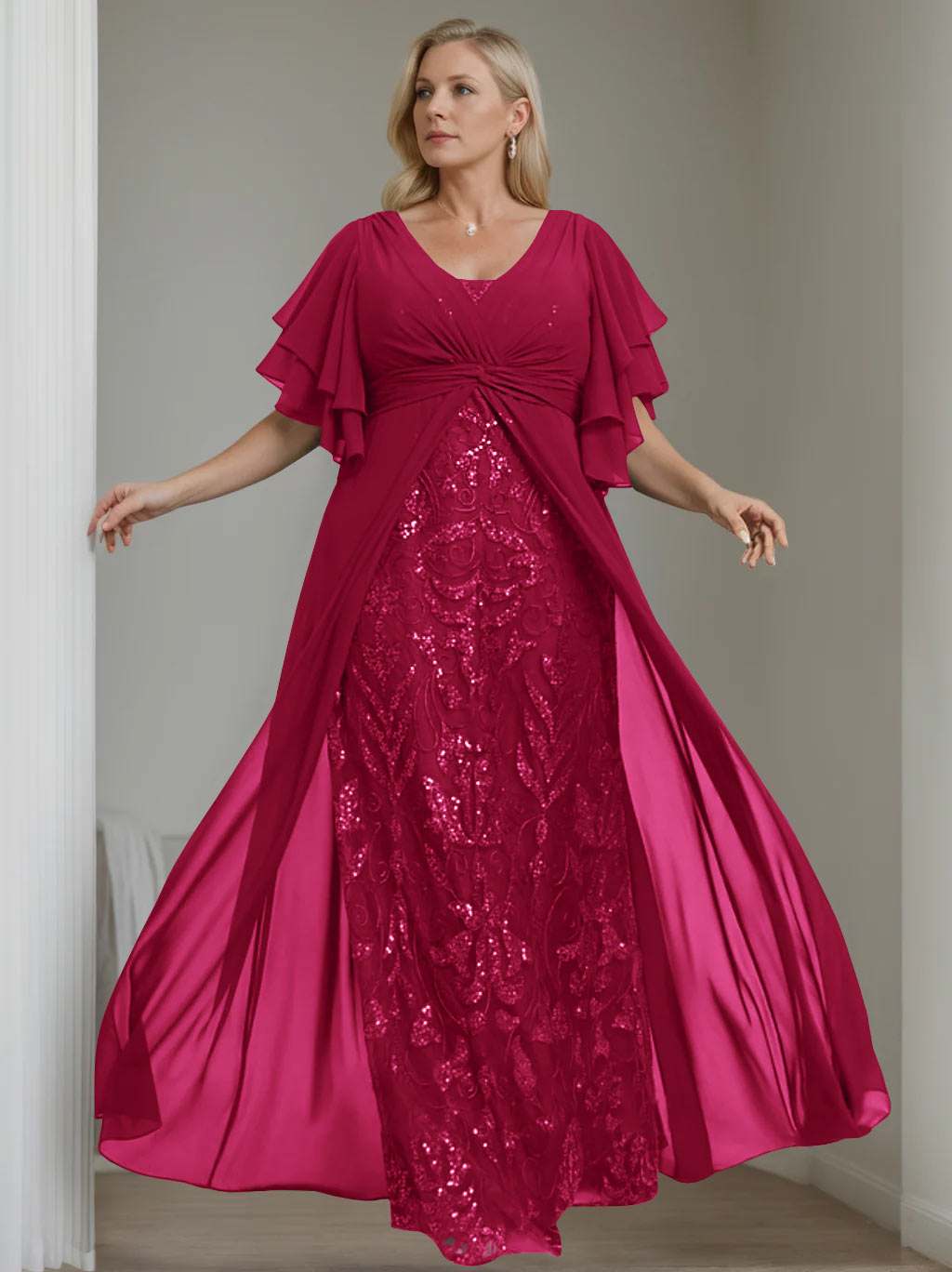 Plus Size Long Mother of the Bride A Line Dress with V Neck and Half Sleeves