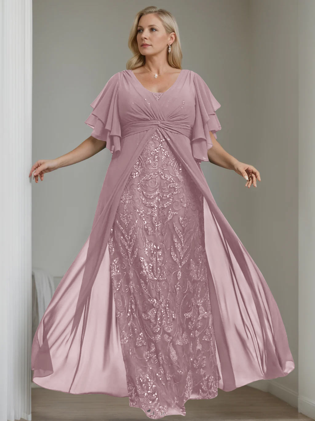 Plus Size Long Mother of the Bride A Line Dress with V Neck and Half Sleeves