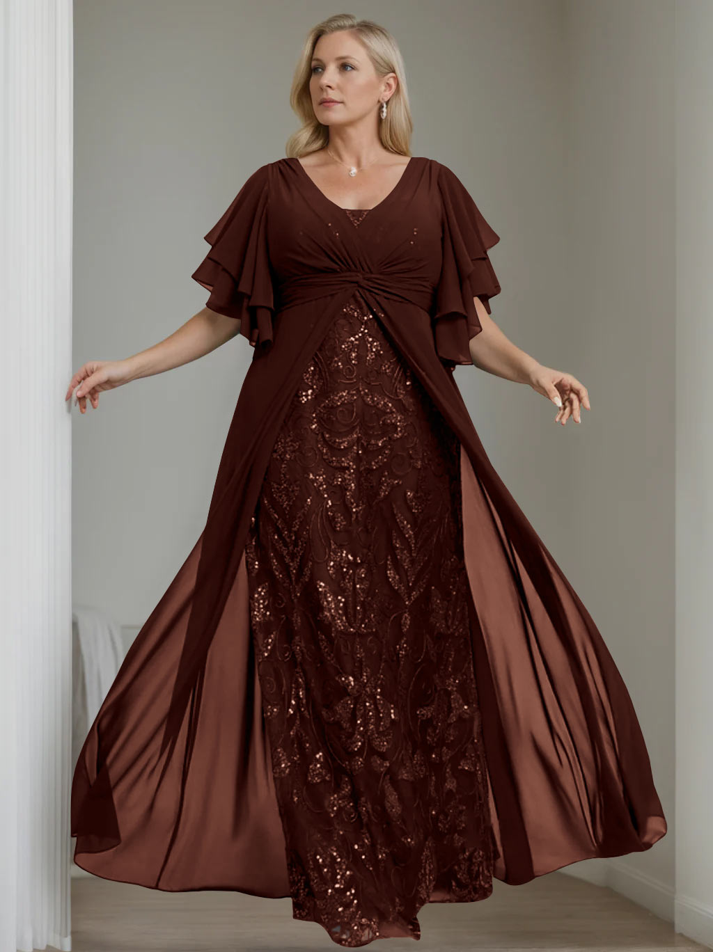 Plus Size Long Mother of the Bride A Line Dress with V Neck and Half Sleeves
