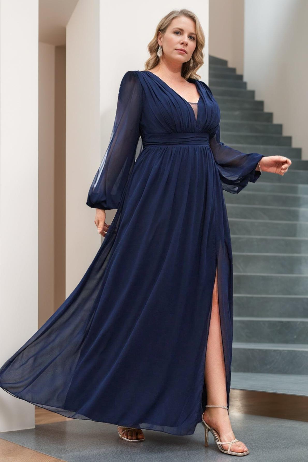 Plus Size Long Mother of the Bride A Line Dress with V Neck and Ruffled Long Sleeves