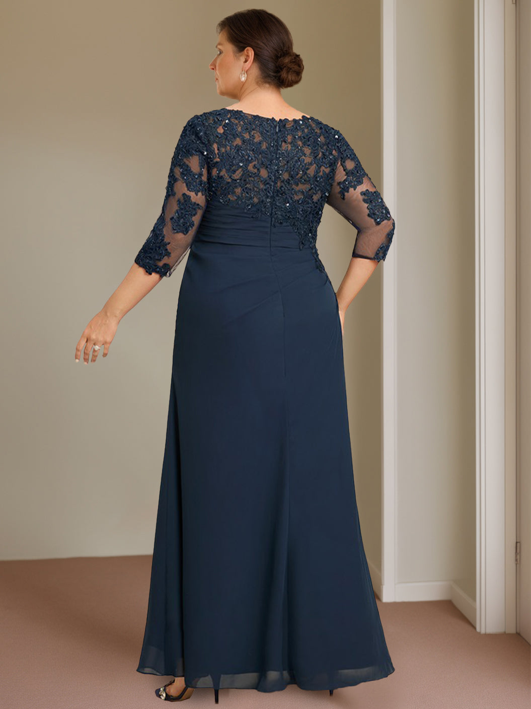 Plus Size Long Scoop Neck Sheath Dress with Ruffles for the Mother of the Bride