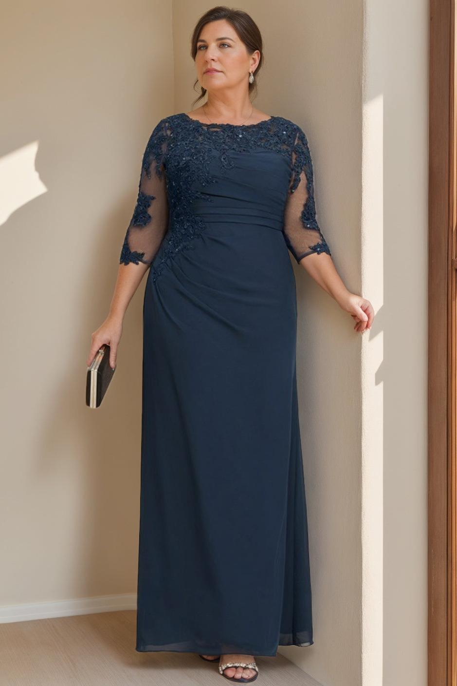 Plus Size Long Scoop Neck Sheath Dress with Ruffles for the Mother of the Bride