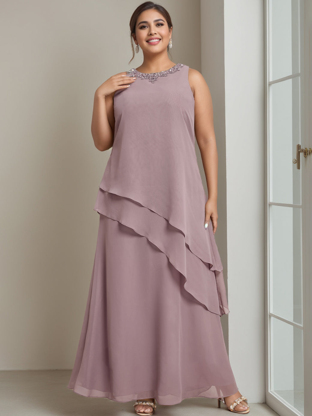 Plus Size Long Sleeveless A Line Mother of the Bride Dress with Beading