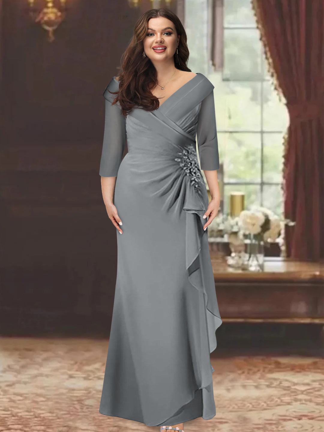 Plus Size Long V Neck Sheath Mother of the Bride Dress with Ruffles and Appliques