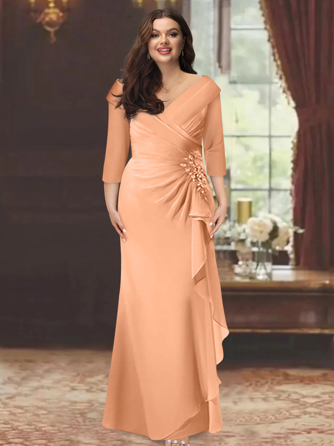 Plus Size Long V Neck Sheath Mother of the Bride Dress with Ruffles and Appliques