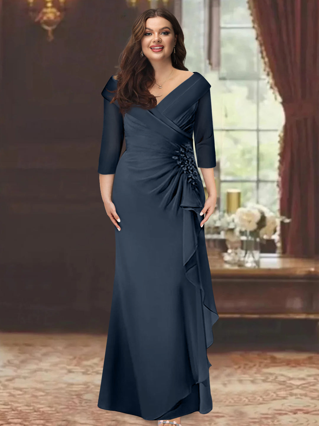 Plus Size Long V Neck Sheath Mother of the Bride Dress with Ruffles and Appliques