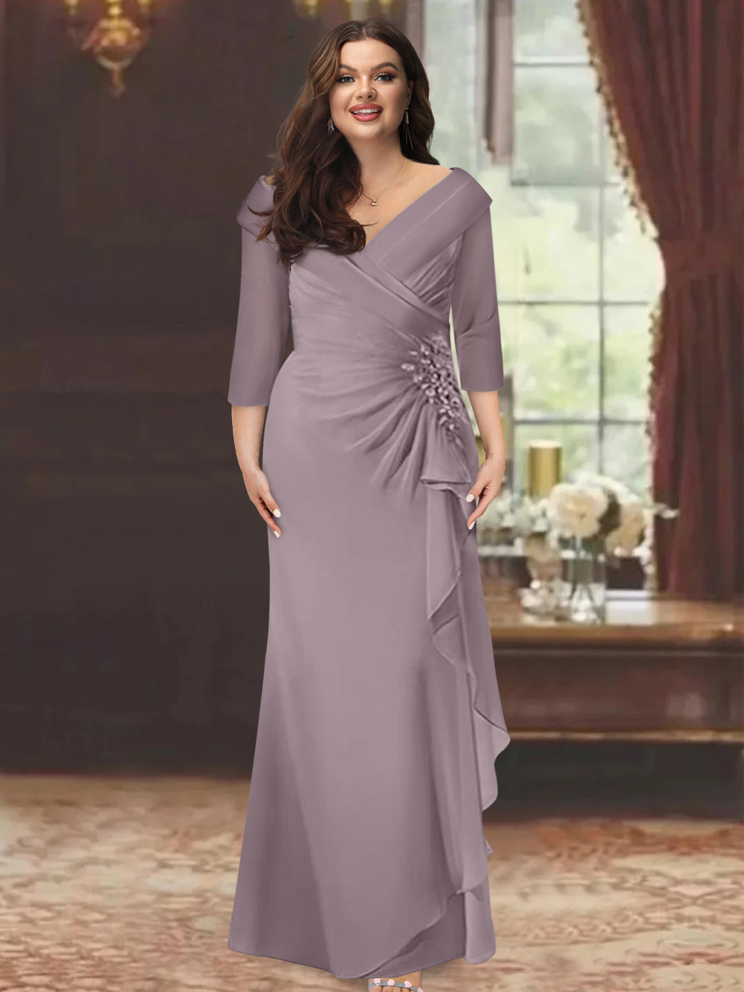 Plus Size Long V Neck Sheath Mother of the Bride Dress with Ruffles and Appliques
