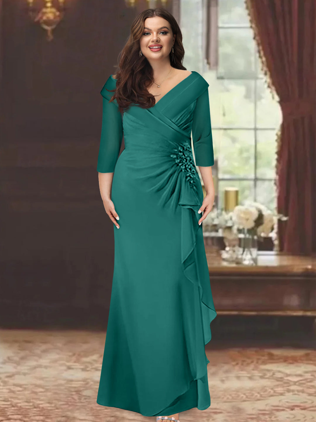 Plus Size Long V Neck Sheath Mother of the Bride Dress with Ruffles and Appliques