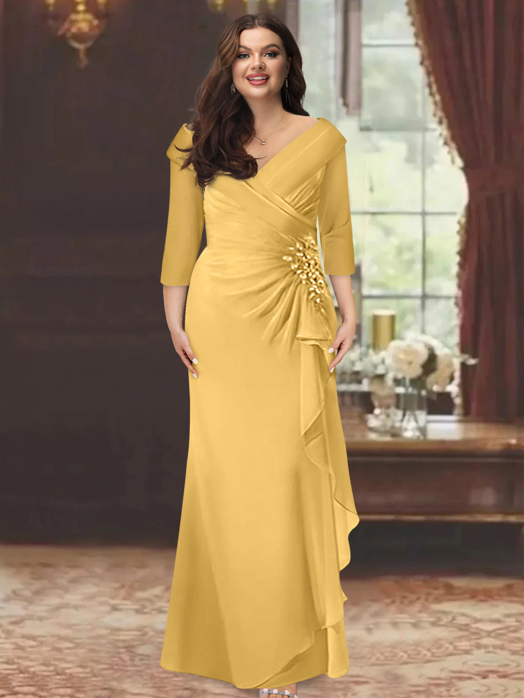 Plus Size Long V Neck Sheath Mother of the Bride Dress with Ruffles and Appliques