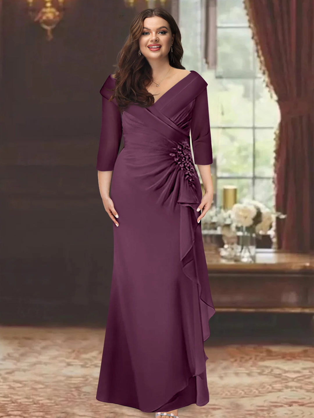 Plus Size Long V Neck Sheath Mother of the Bride Dress with Ruffles and Appliques