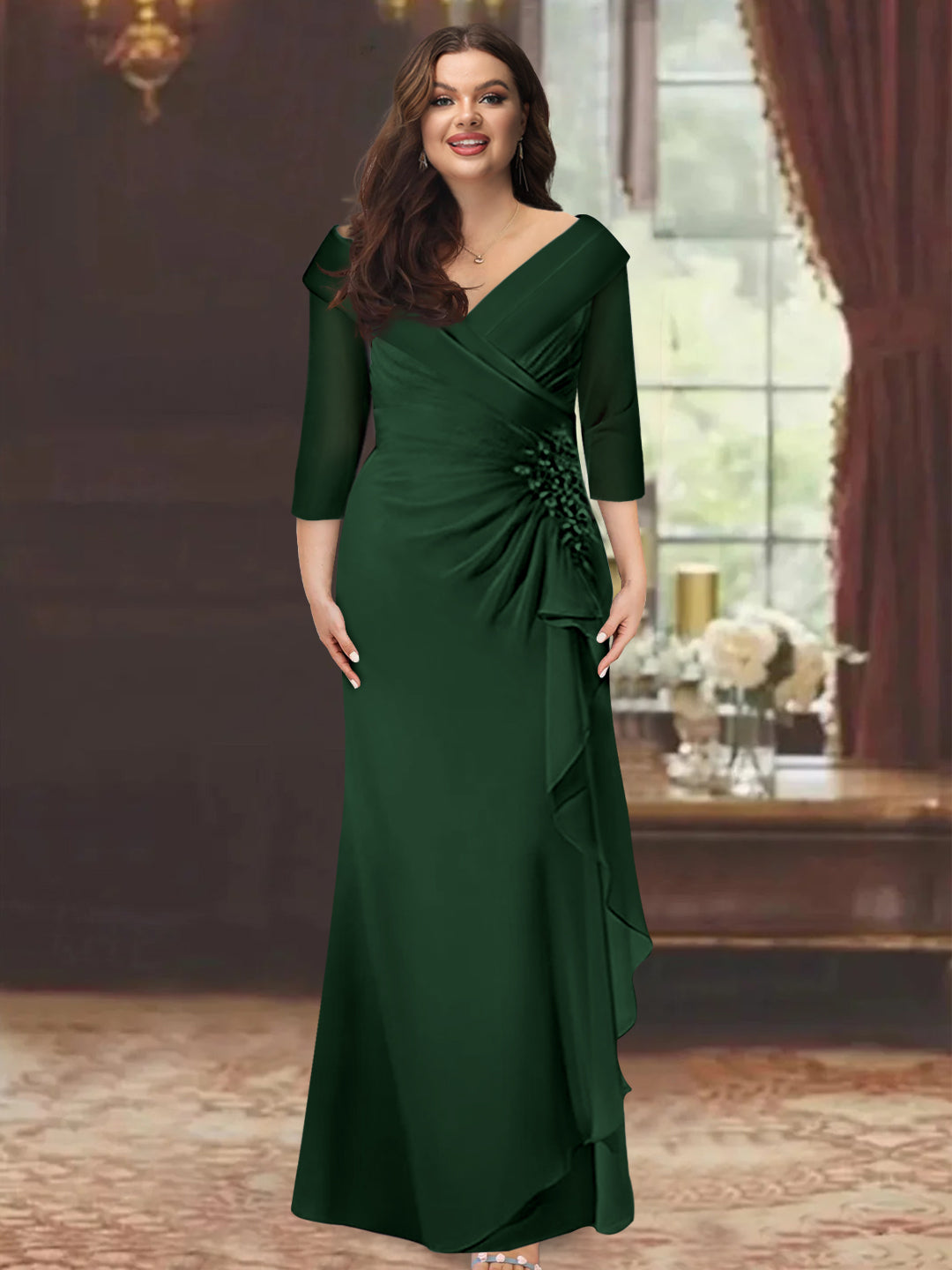 Plus Size Long V Neck Sheath Mother of the Bride Dress with Ruffles and Appliques