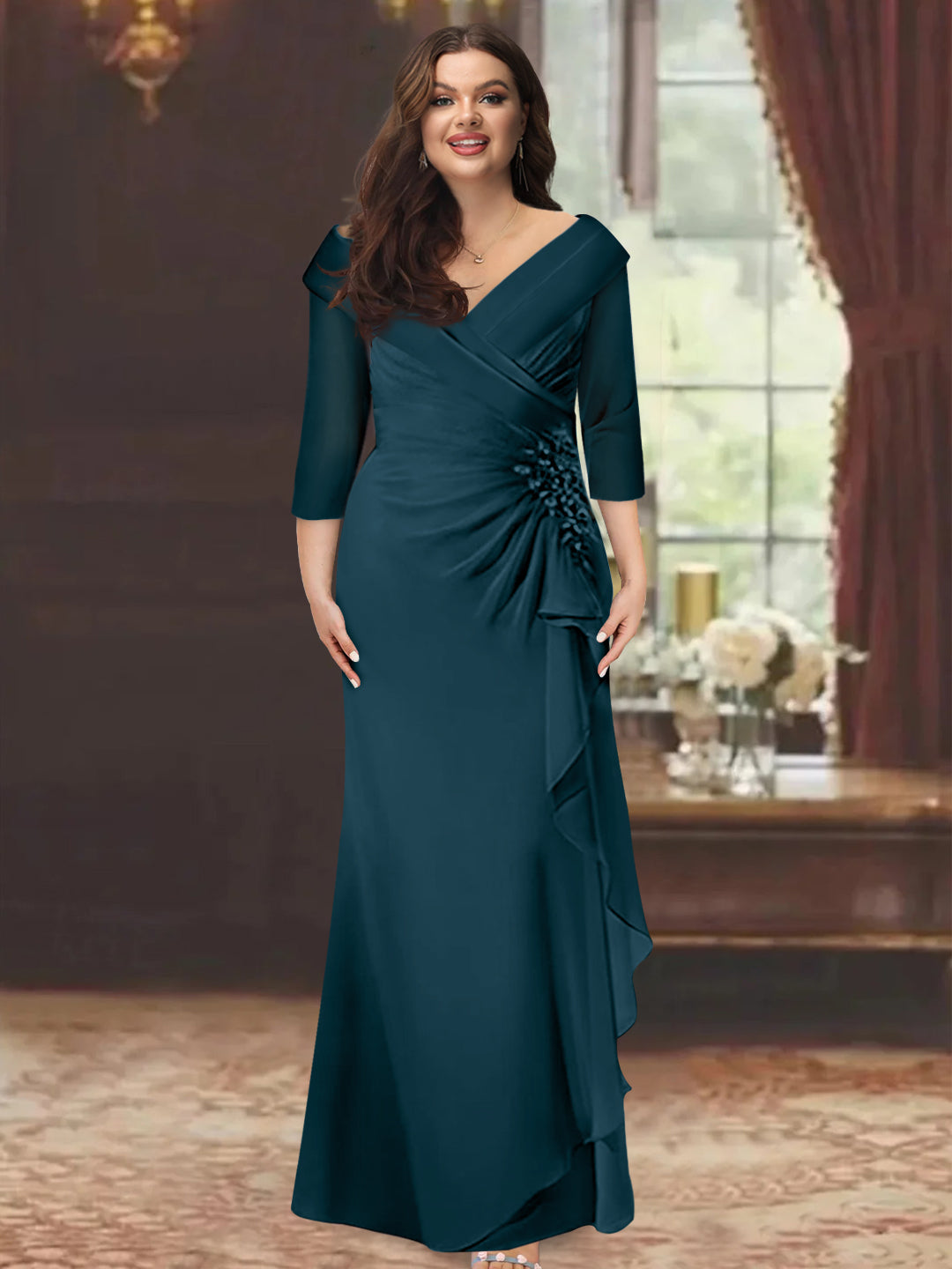 Plus Size Long V Neck Sheath Mother of the Bride Dress with Ruffles and Appliques