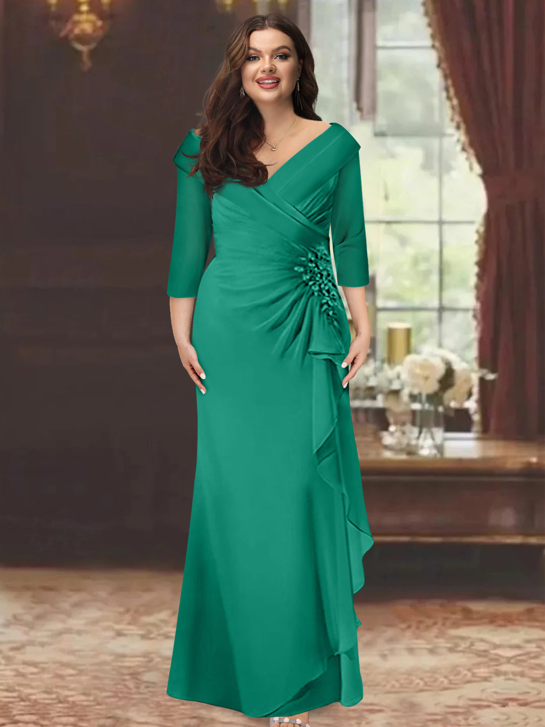 Plus Size Long V Neck Sheath Mother of the Bride Dress with Ruffles and Appliques