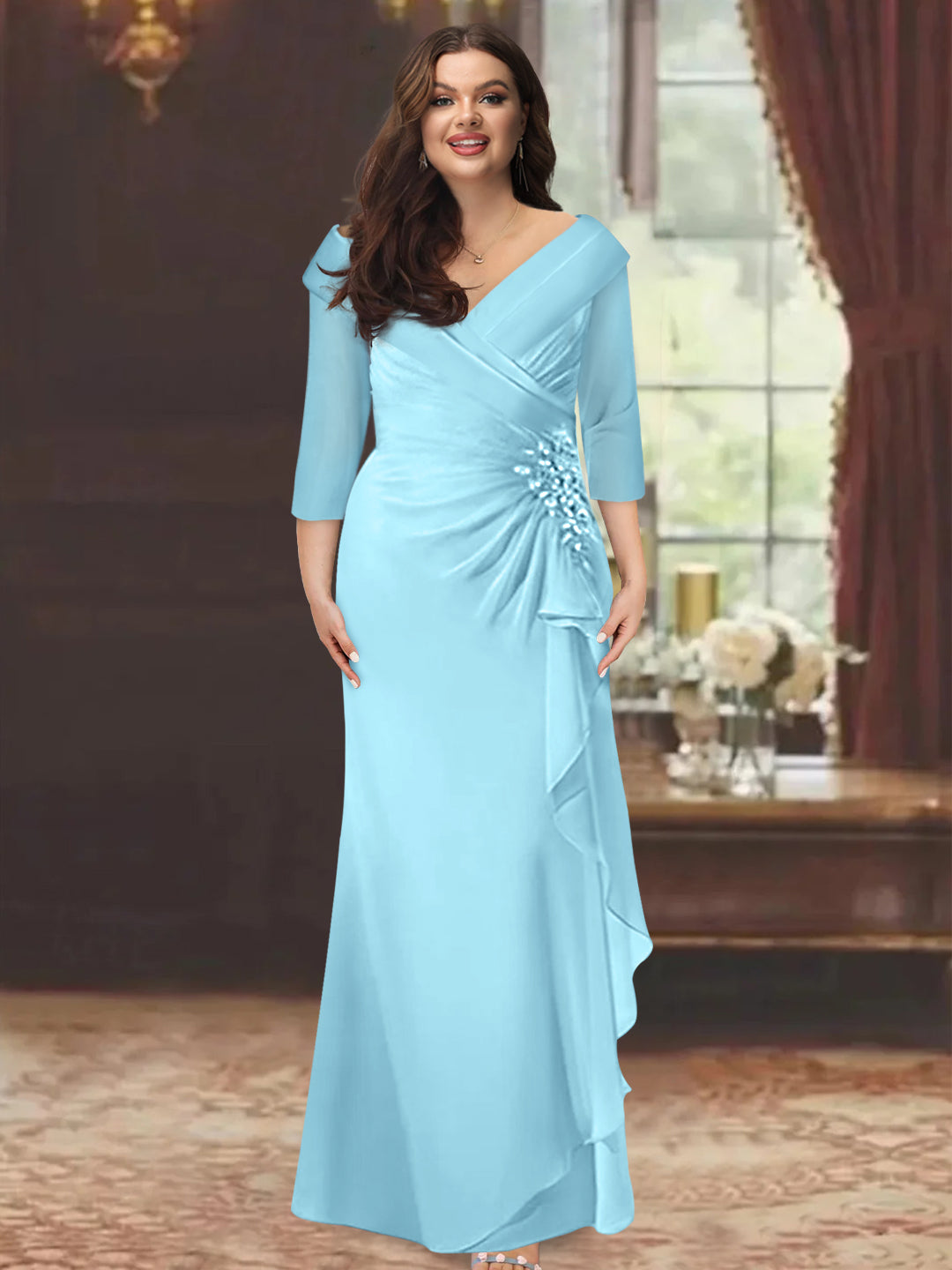 Plus Size Long V Neck Sheath Mother of the Bride Dress with Ruffles and Appliques