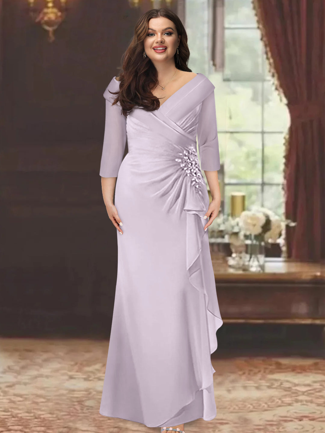 Plus Size Long V Neck Sheath Mother of the Bride Dress with Ruffles and Appliques