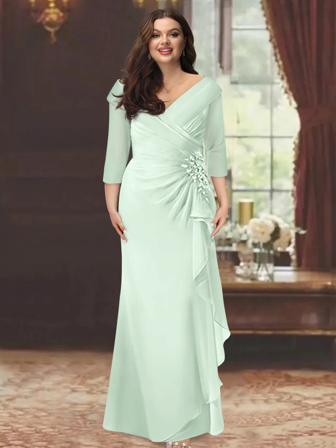 Plus Size Long V Neck Sheath Mother of the Bride Dress with Ruffles and Appliques