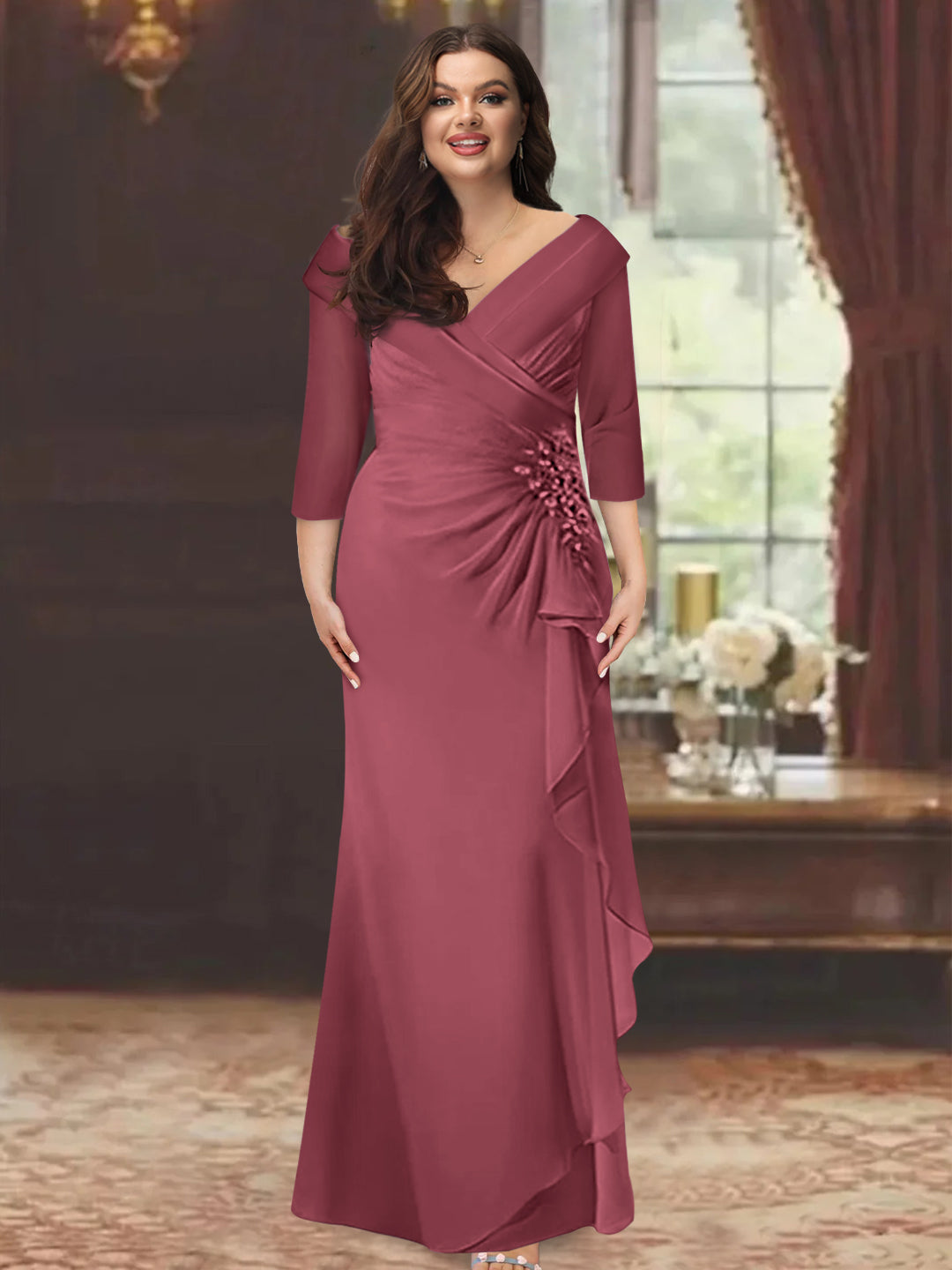 Plus Size Long V Neck Sheath Mother of the Bride Dress with Ruffles and Appliques