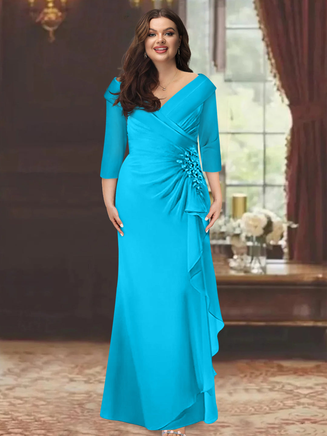 Plus Size Long V Neck Sheath Mother of the Bride Dress with Ruffles and Appliques