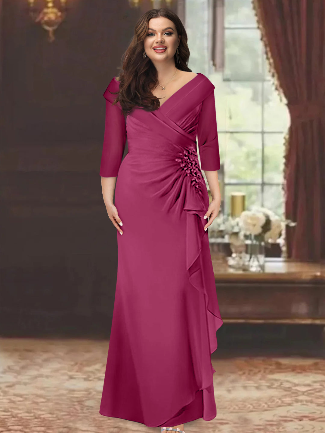 Plus Size Long V Neck Sheath Mother of the Bride Dress with Ruffles and Appliques
