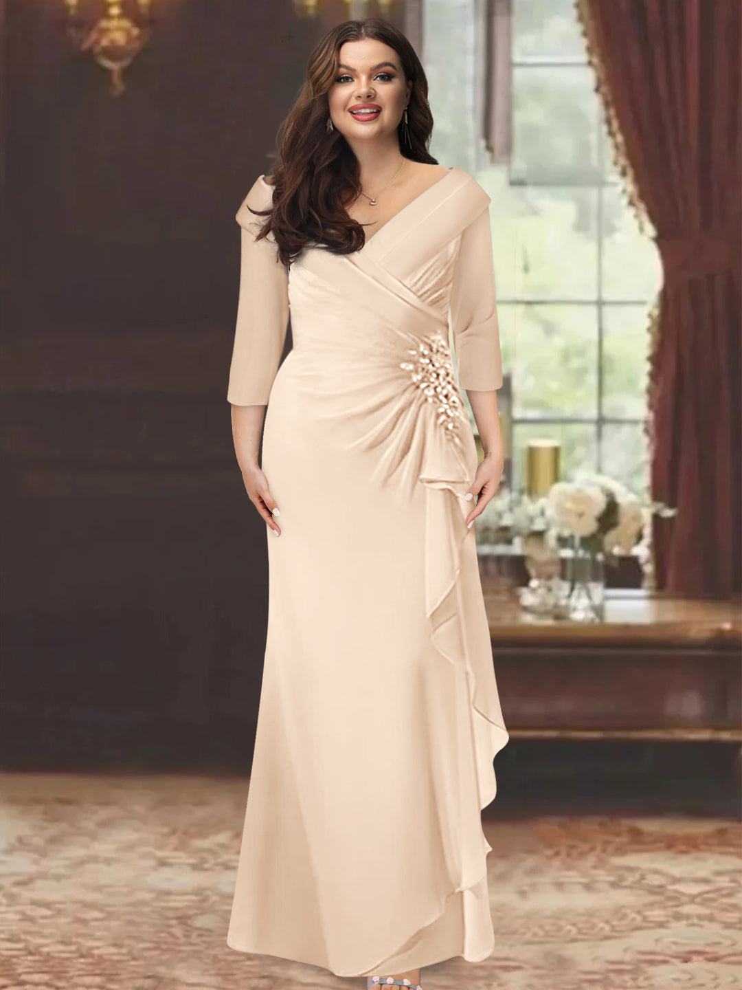 Plus Size Long V Neck Sheath Mother of the Bride Dress with Ruffles and Appliques