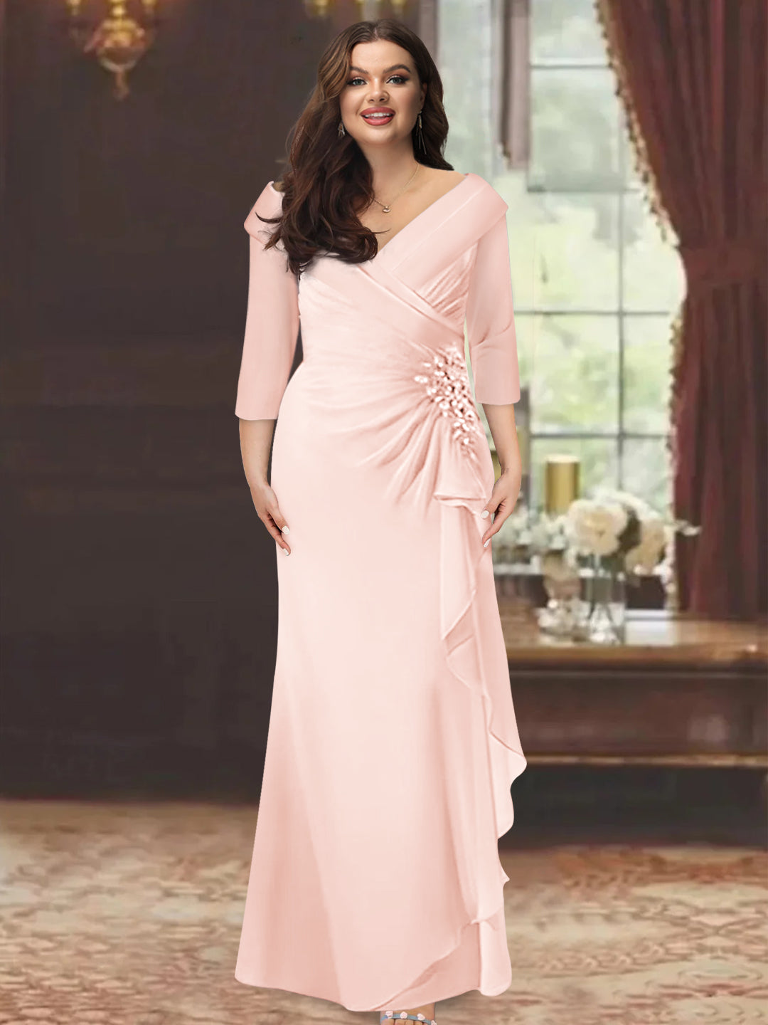 Plus Size Long V Neck Sheath Mother of the Bride Dress with Ruffles and Appliques