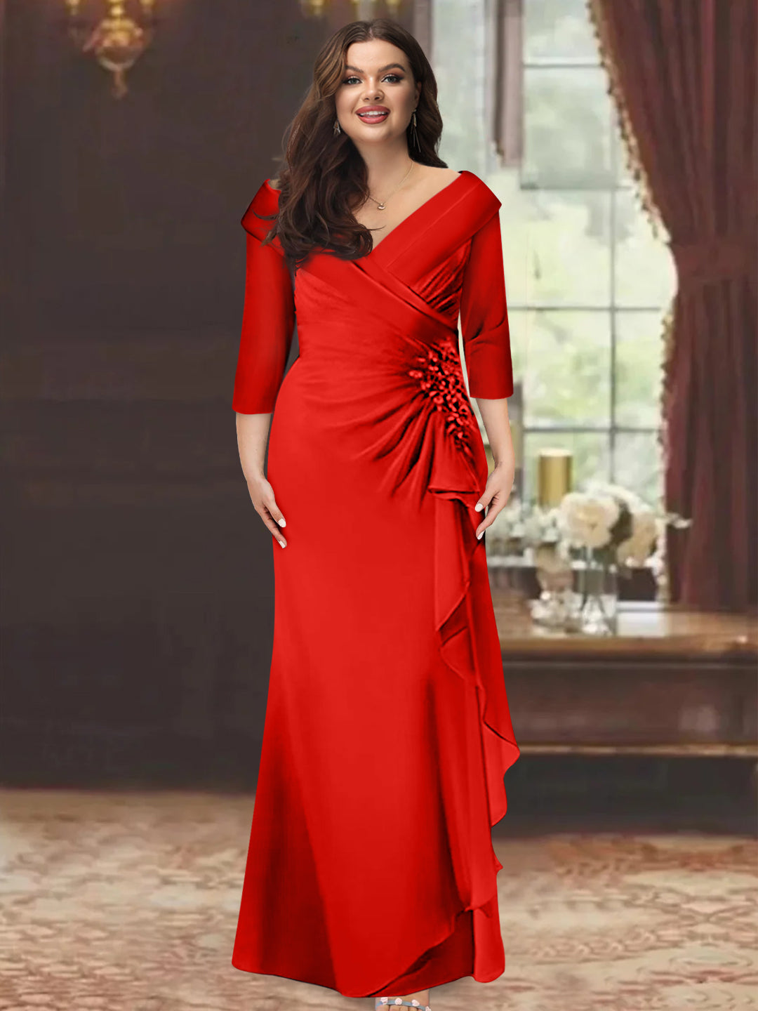 Plus Size Long V Neck Sheath Mother of the Bride Dress with Ruffles and Appliques