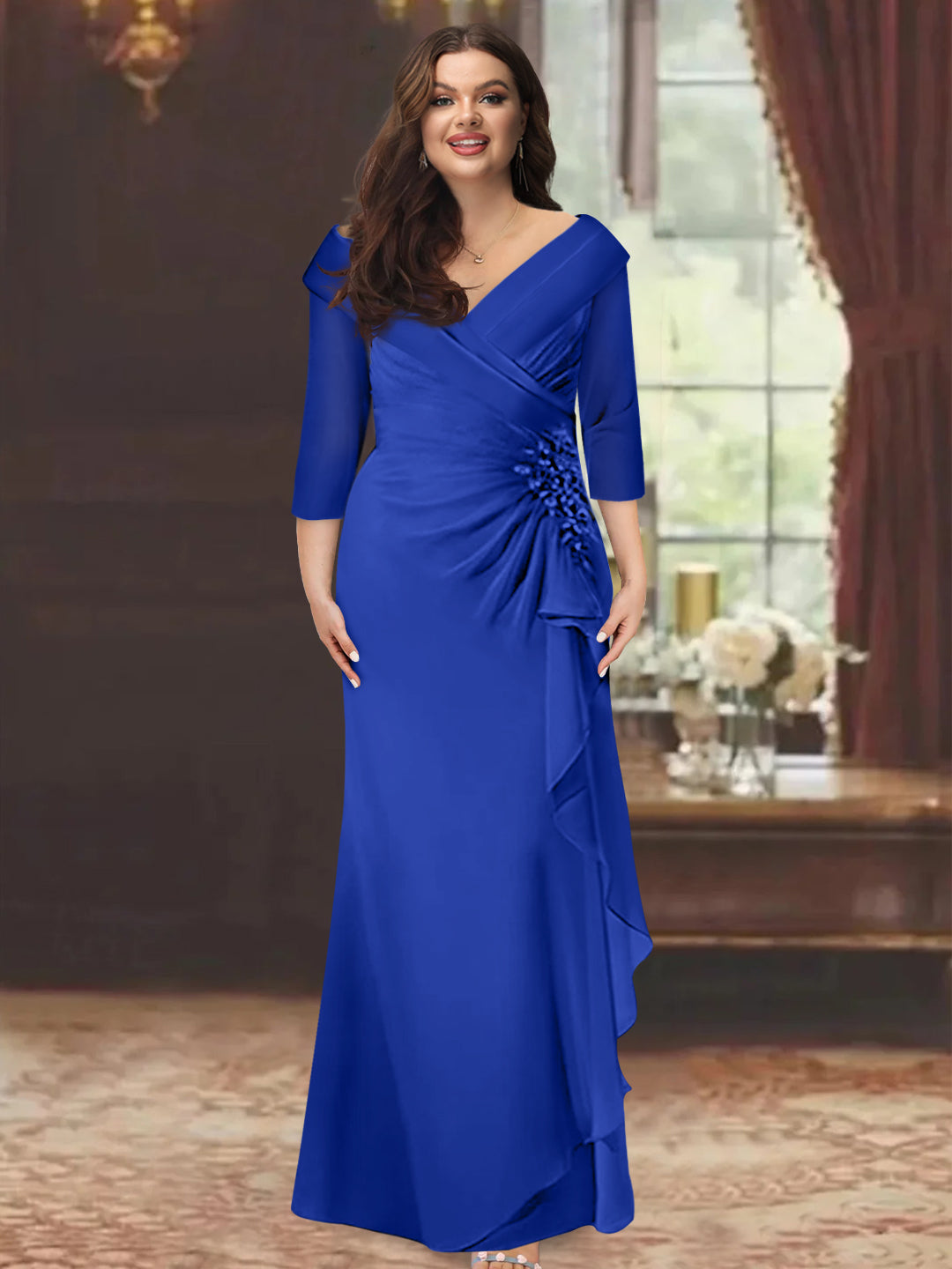Plus Size Long V Neck Sheath Mother of the Bride Dress with Ruffles and Appliques