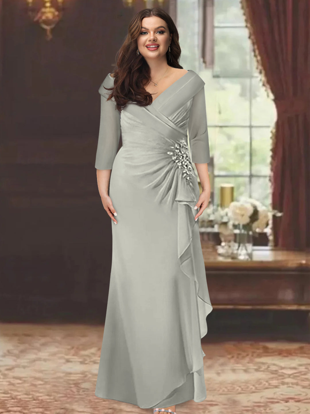 Plus Size Long V Neck Sheath Mother of the Bride Dress with Ruffles and Appliques