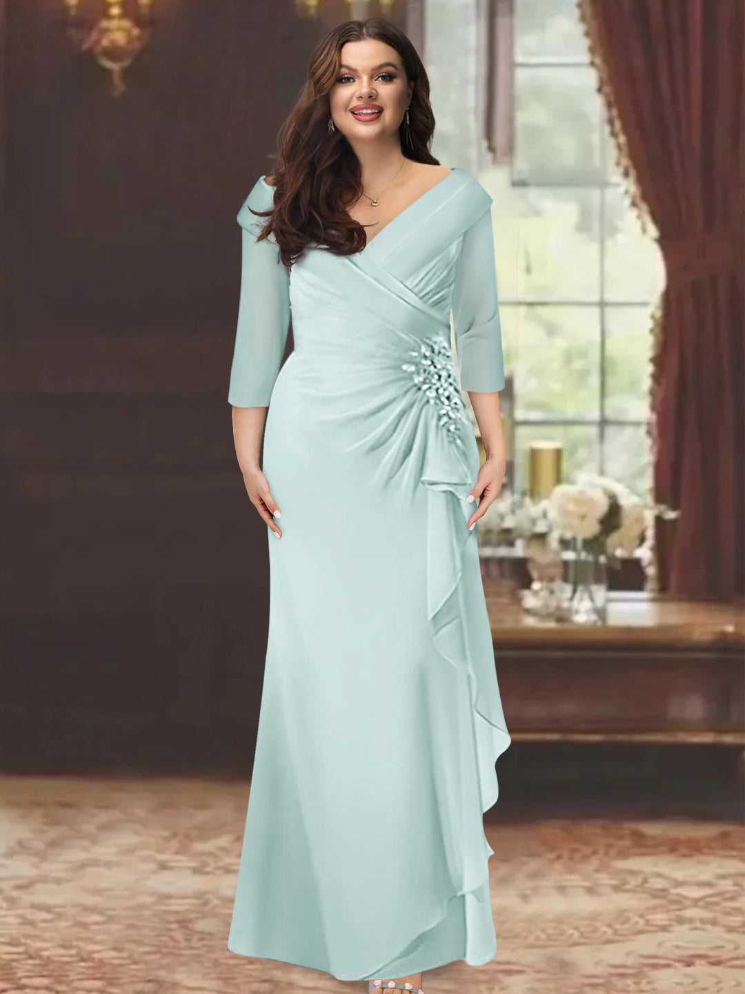 Plus Size Long V Neck Sheath Mother of the Bride Dress with Ruffles and Appliques