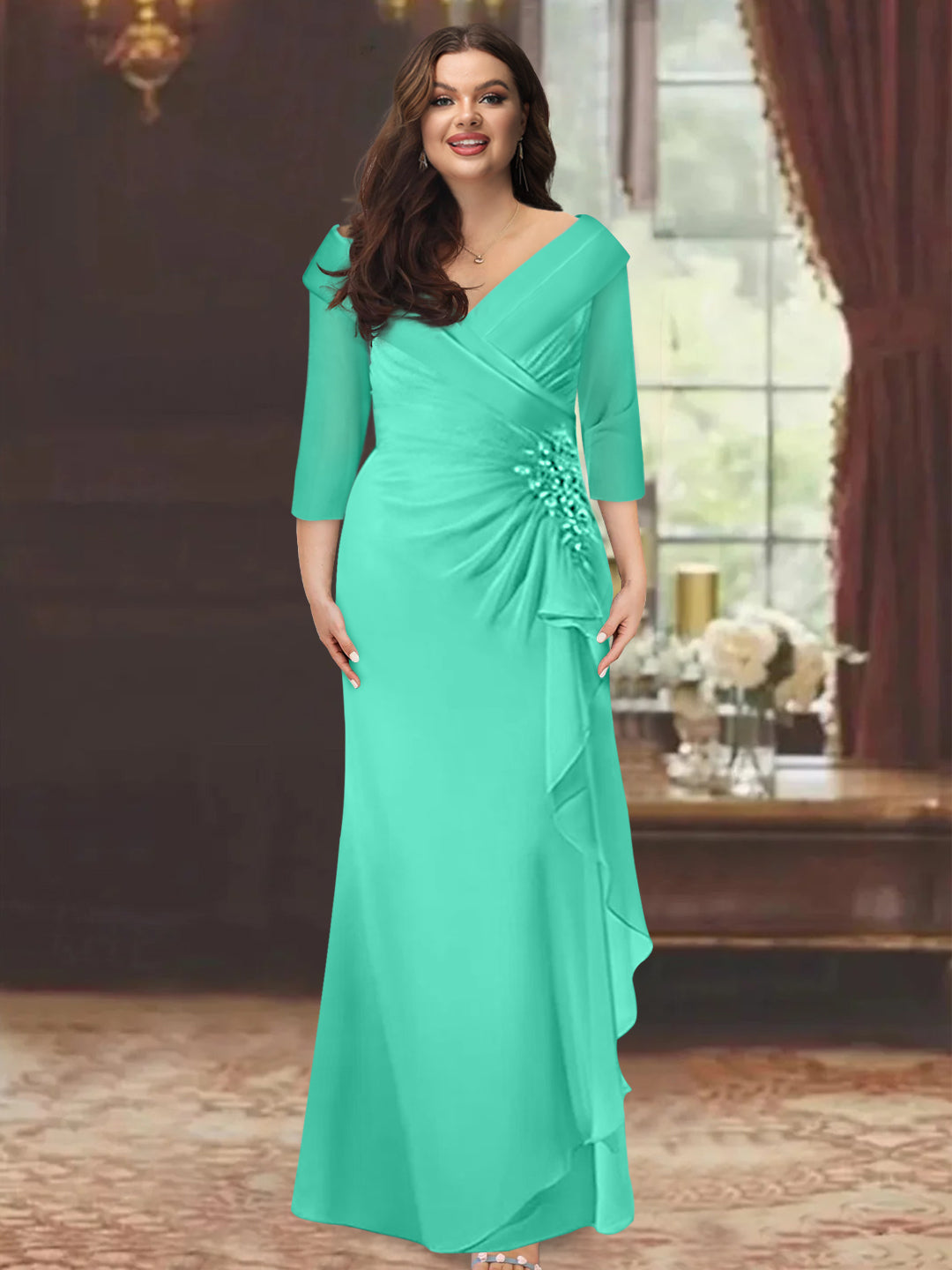 Plus Size Long V Neck Sheath Mother of the Bride Dress with Ruffles and Appliques