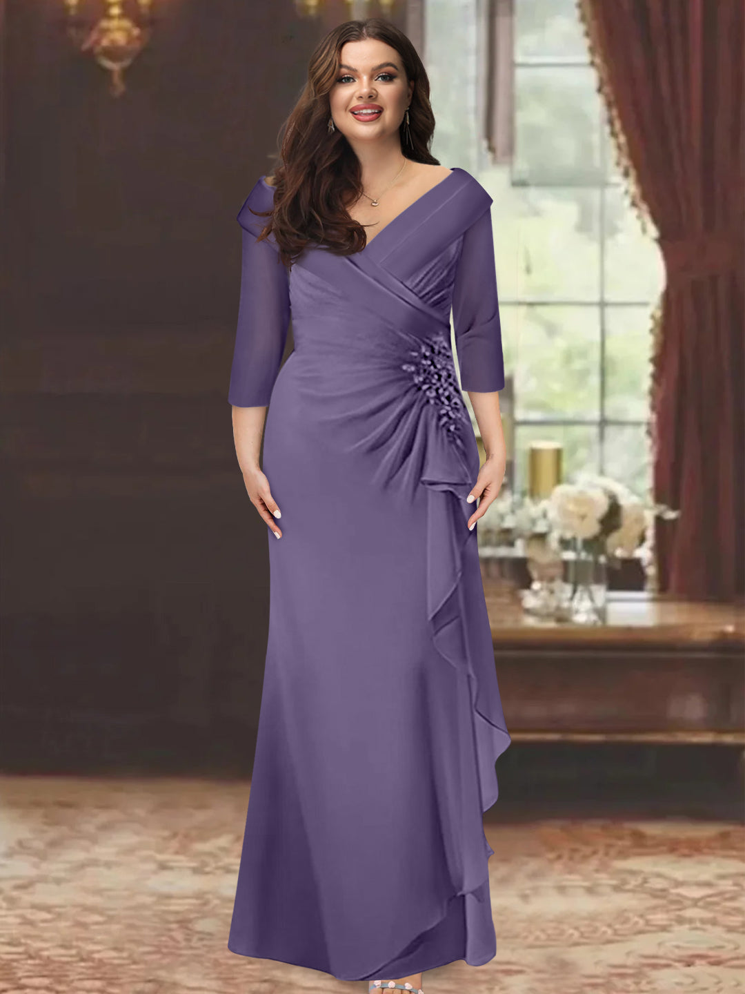 Plus Size Long V Neck Sheath Mother of the Bride Dress with Ruffles and Appliques