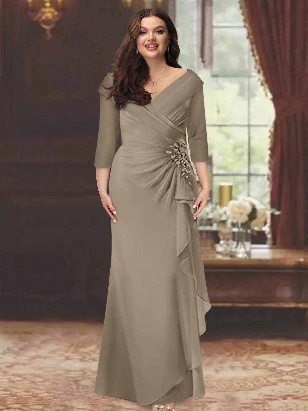 Plus Size Long V Neck Sheath Mother of the Bride Dress with Ruffles and Appliques