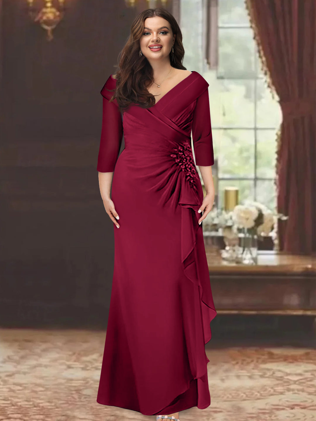 Plus Size Long V Neck Sheath Mother of the Bride Dress with Ruffles and Appliques
