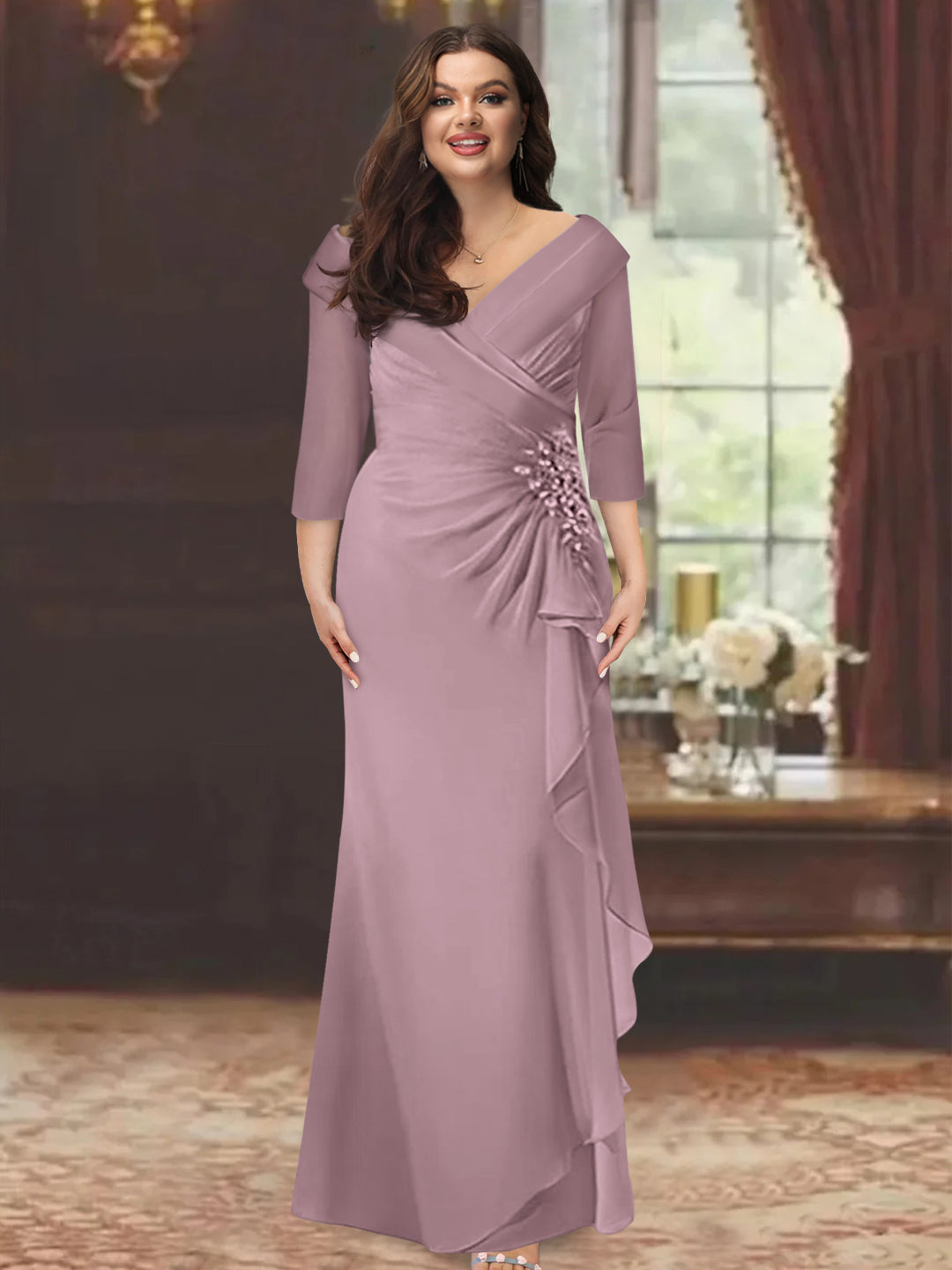 Plus Size Long V Neck Sheath Mother of the Bride Dress with Ruffles and Appliques