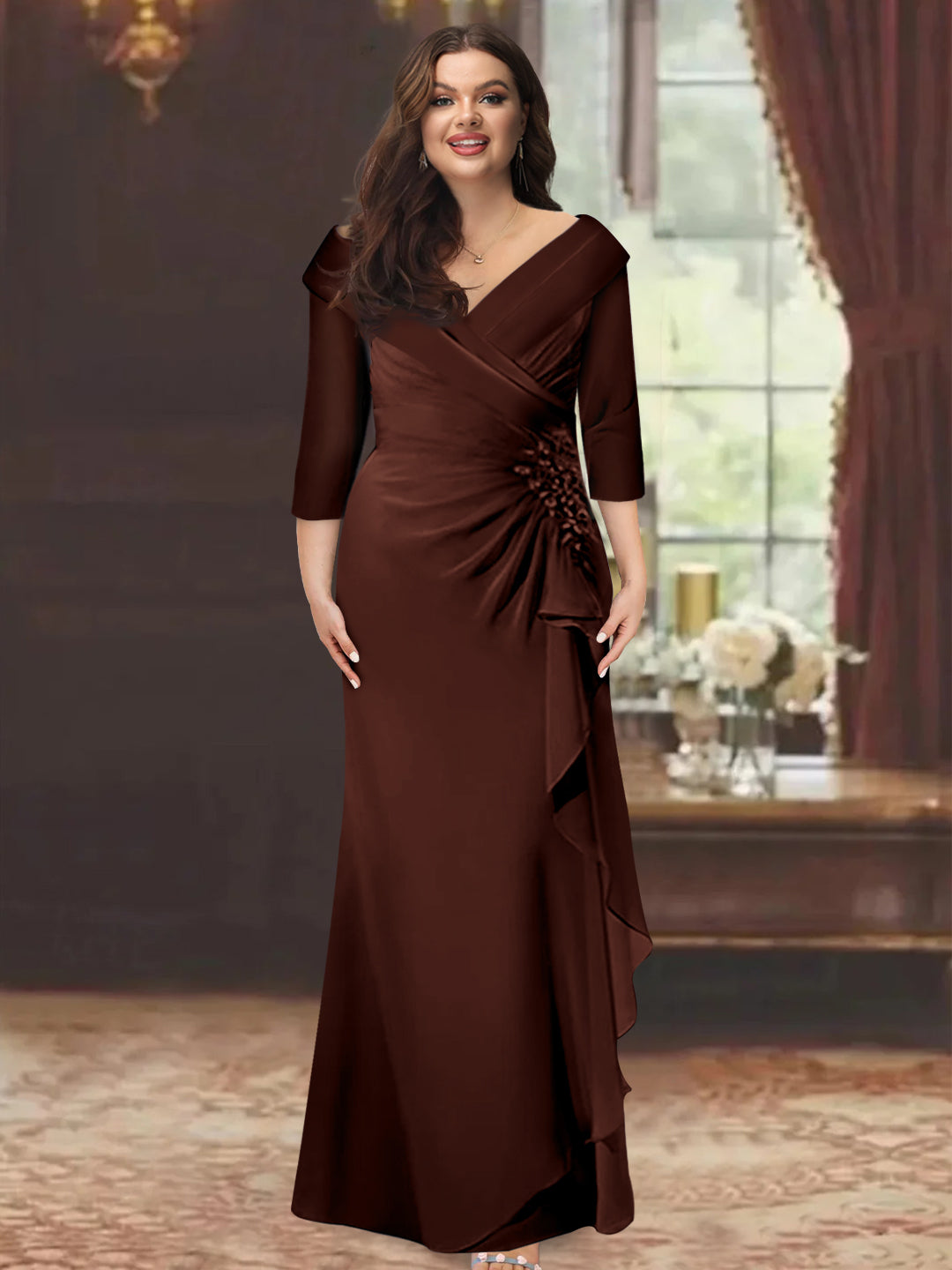 Plus Size Long V Neck Sheath Mother of the Bride Dress with Ruffles and Appliques