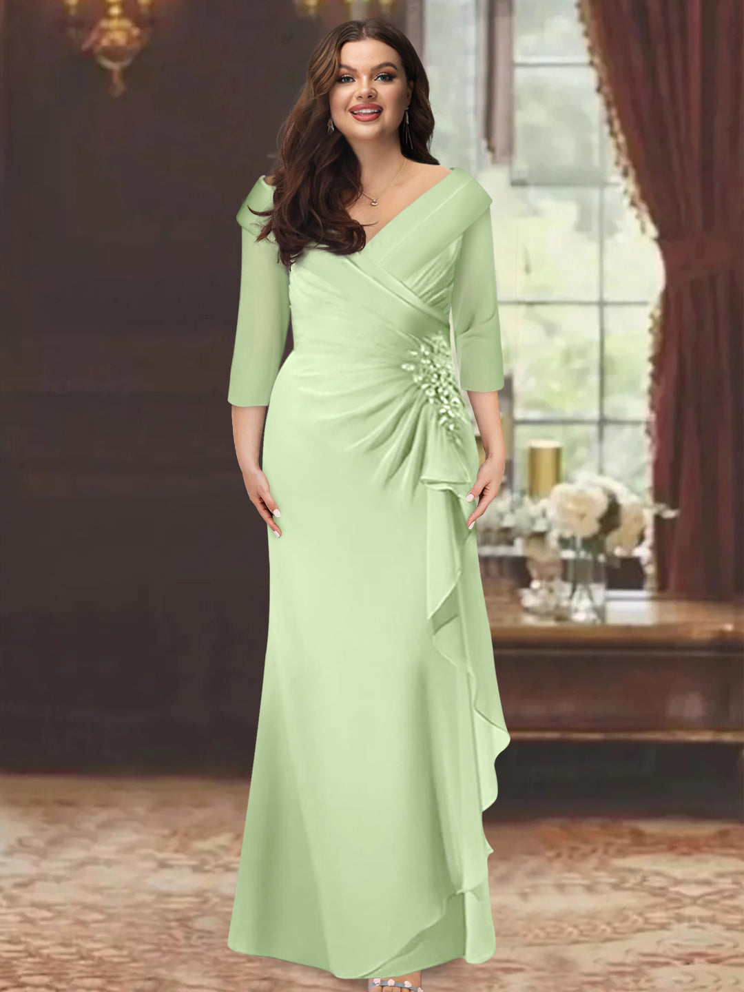 Plus Size Long V Neck Sheath Mother of the Bride Dress with Ruffles and Appliques