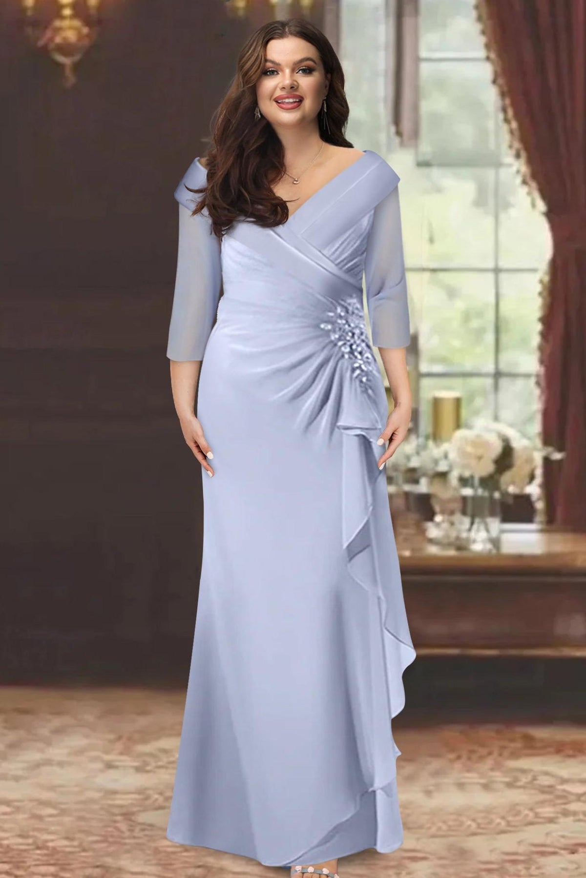 Plus Size Long V Neck Sheath Mother of the Bride Dress with Ruffles and Appliques