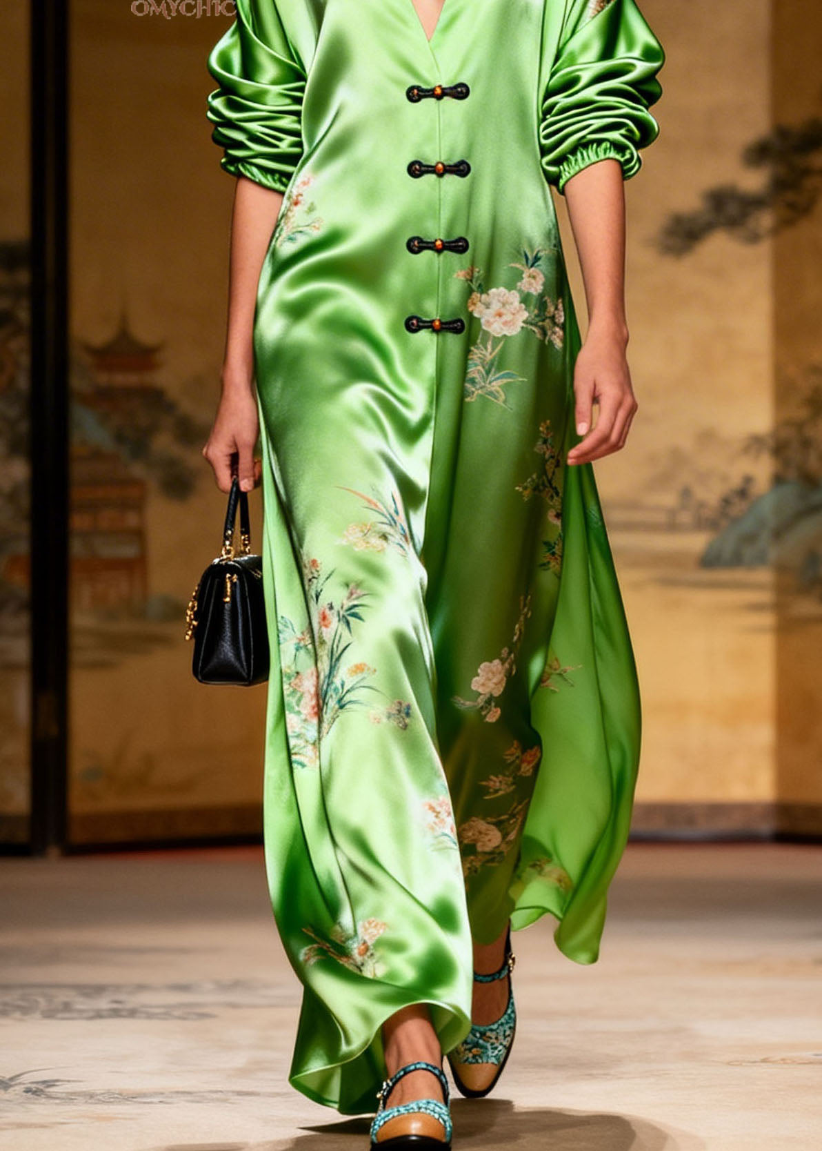 Plus Size Green V Neck Print Chinese Button Silk Long Dress Summer