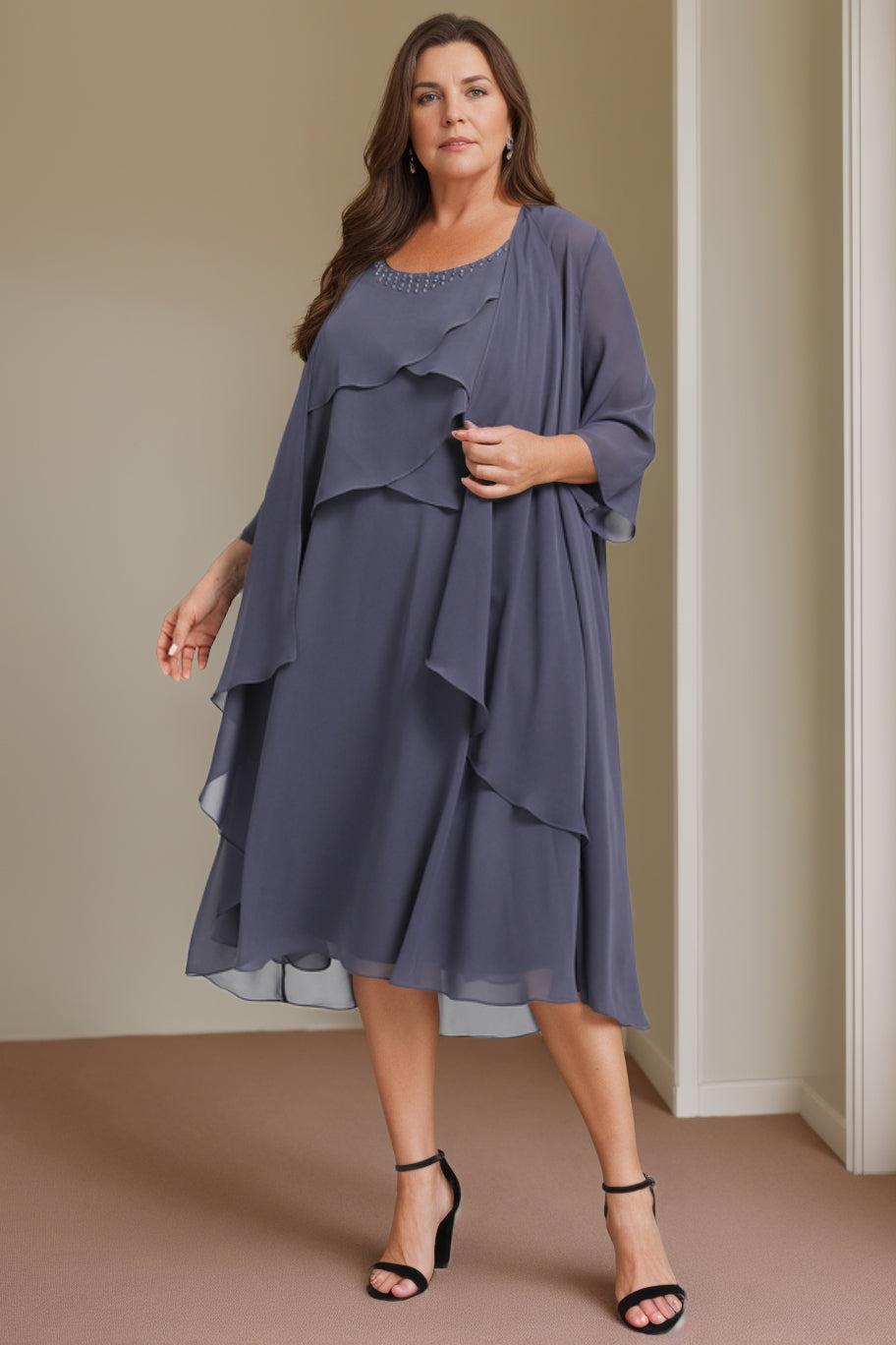 Plus Size Knee Length Mother of the Bride A Line Dress with Scoop Neck and Beading