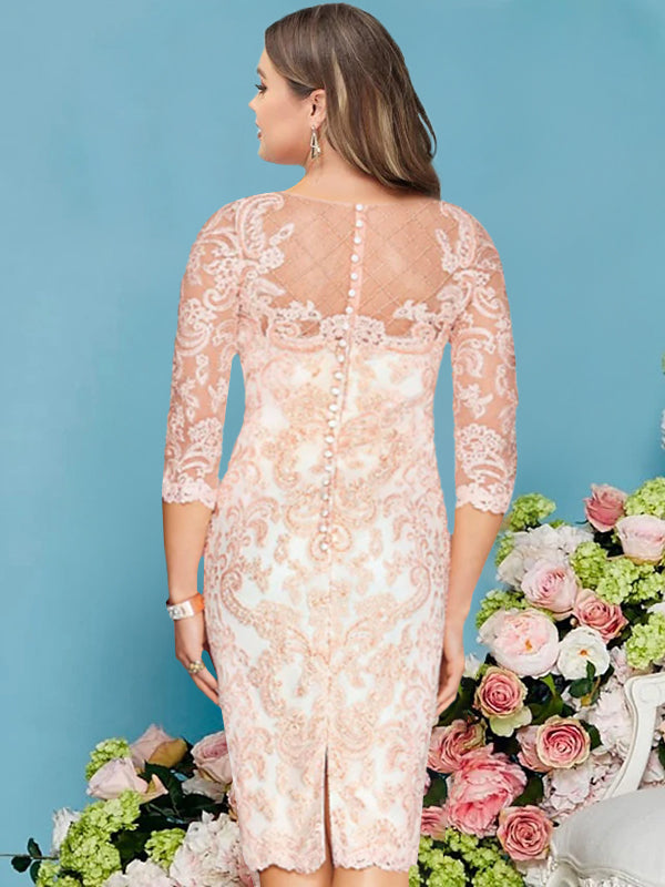 Plus Size Knee Length Mother of the Bride Dress with Lace Beading Appliques and Long Sleeves