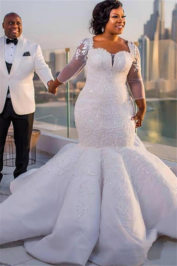Plus Size Mermaid Lace Wedding Dresses |  Sexy Wedding Dress with Sleeves