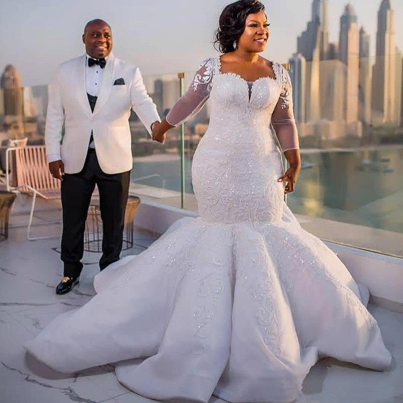 Plus Size Mermaid Lace Wedding Dresses |  Sexy Wedding Dress with Sleeves