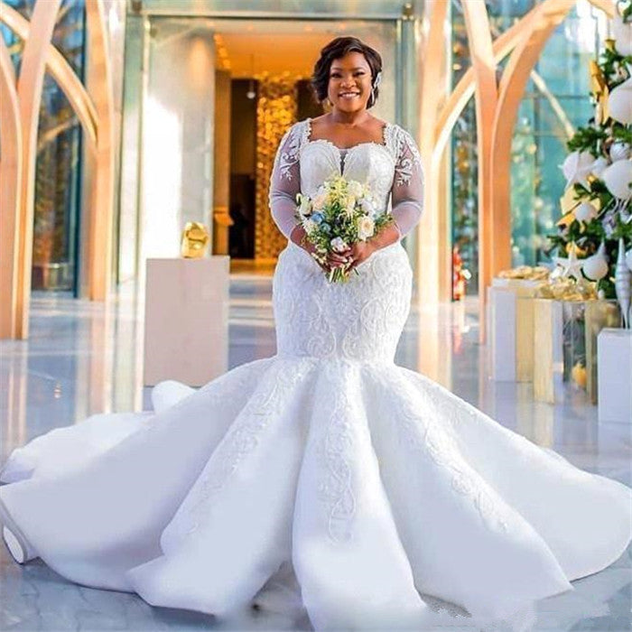 Plus Size Mermaid Lace Wedding Dresses |  Sexy Wedding Dress with Sleeves