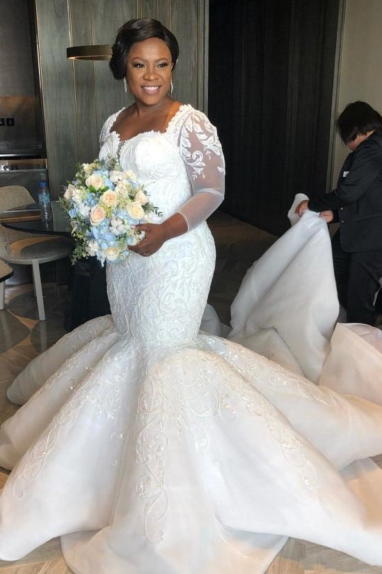 Plus Size Mermaid Lace Wedding Dresses |  Sexy Wedding Dress with Sleeves