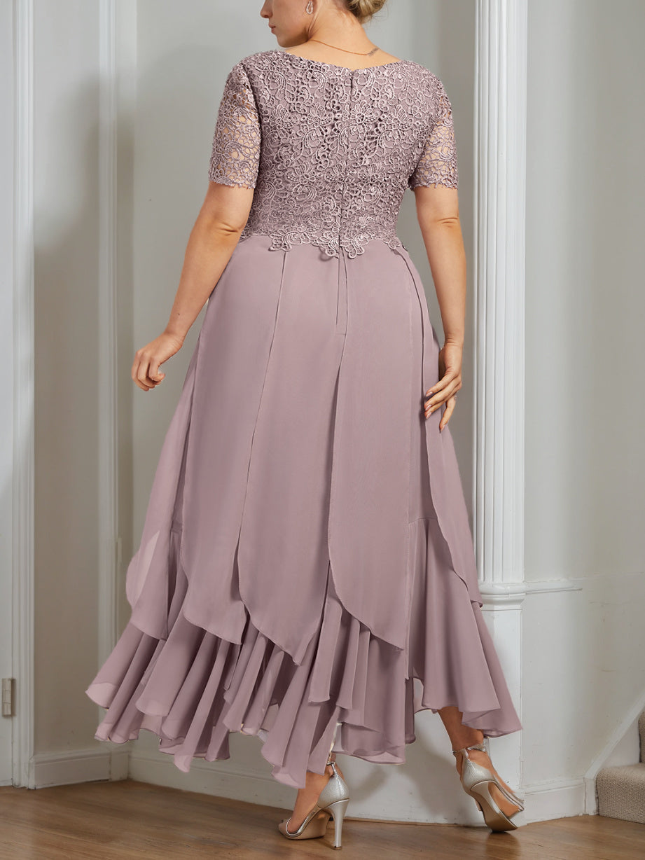 Plus Size Mother of the Bride A Line Dress with Round Neck Short Sleeves and Cascading Ruffles