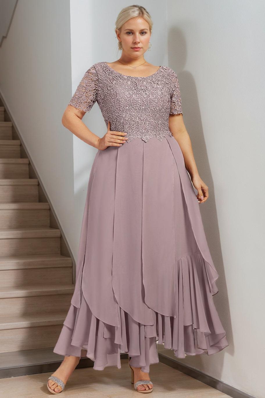 Plus Size Mother of the Bride A Line Dress with Round Neck Short Sleeves and Cascading Ruffles