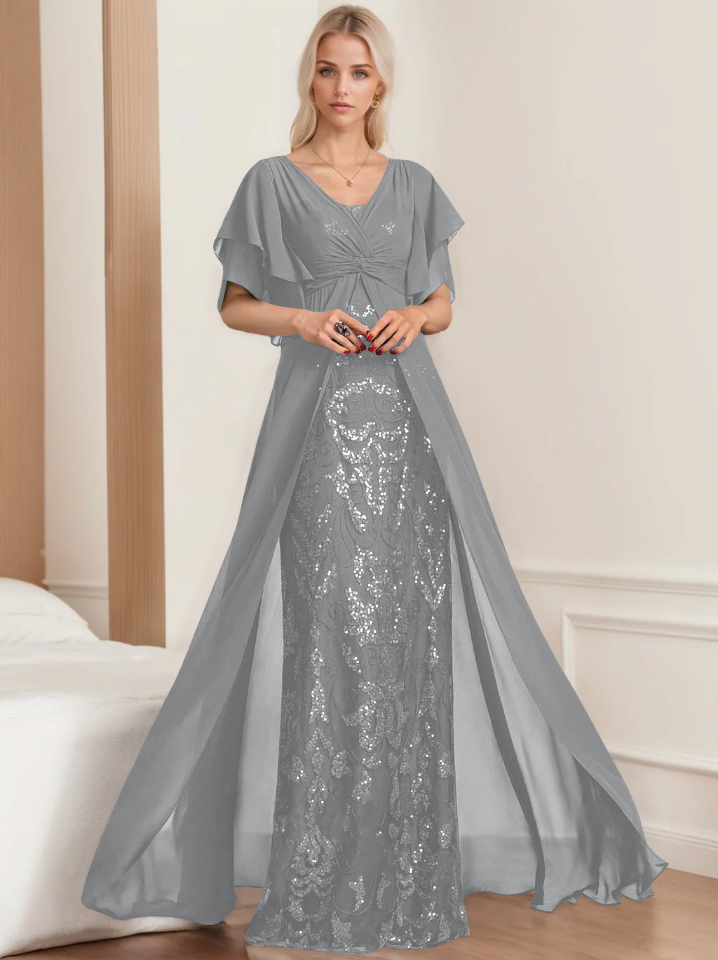 Plus Size Mother of the Bride A Line Long Dress with V Neck and Half Sleeves