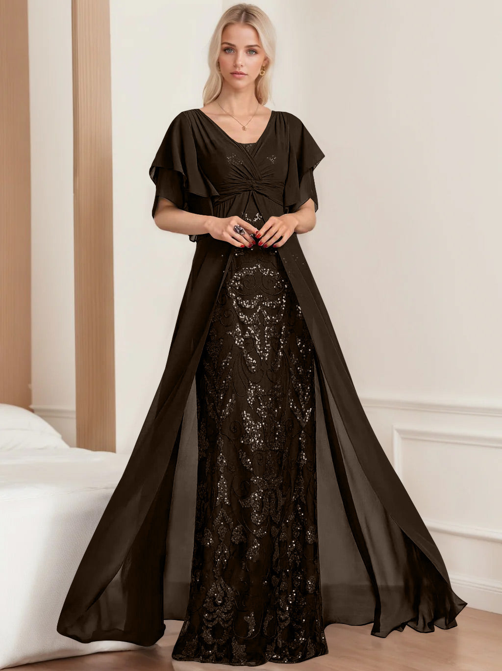 Plus Size Mother of the Bride A Line Long Dress with V Neck and Half Sleeves