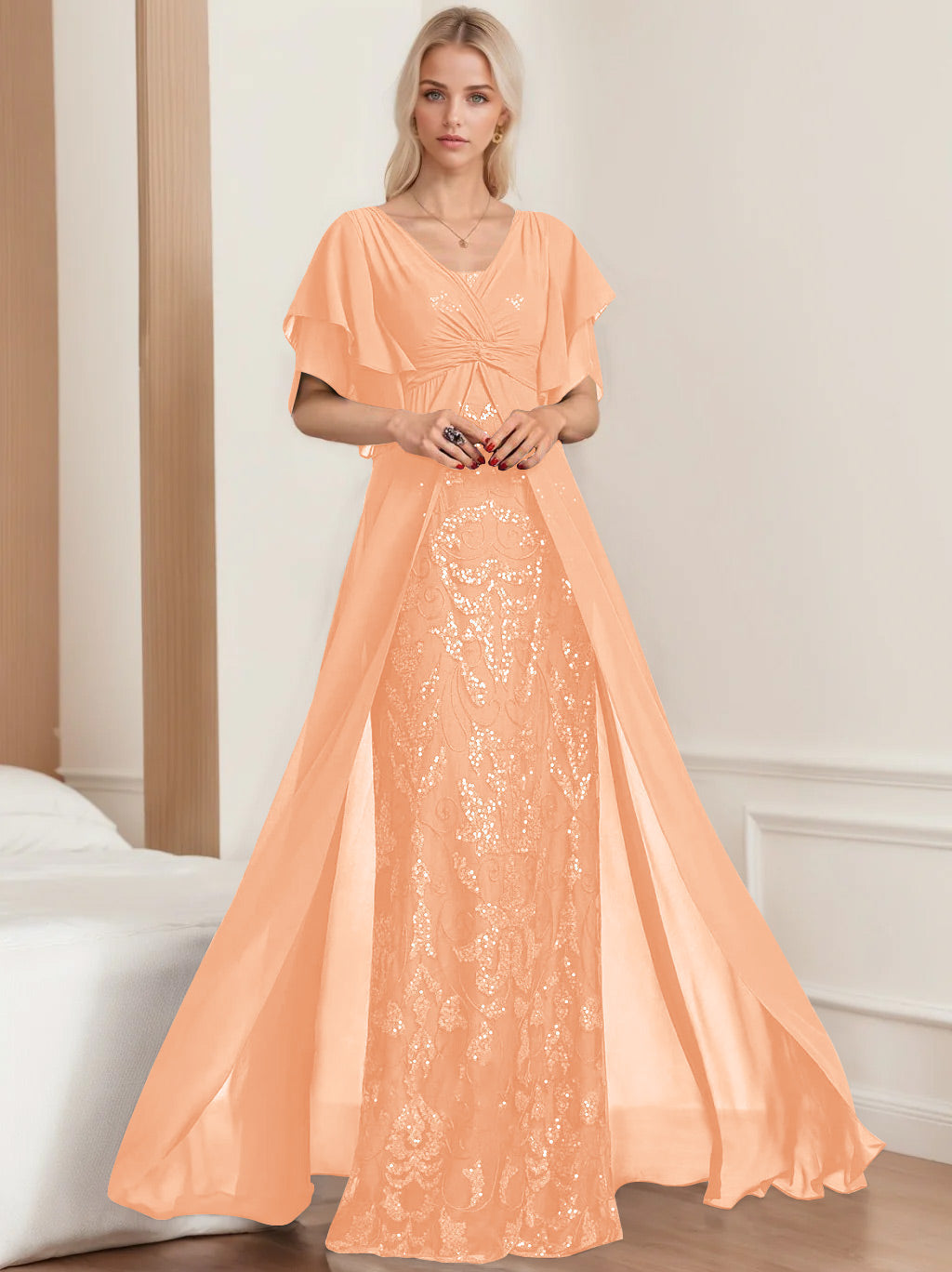 Plus Size Mother of the Bride A Line Long Dress with V Neck and Half Sleeves